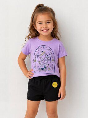 Cat & Jack Animal Graphic Tee Shorts Set Lavender Black Girls XS 4/5
